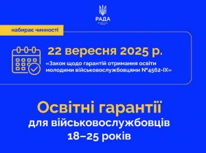 Сьогодні набирає чинності Закон про освітні гарантії військовослужбовцям віком 18–25 років